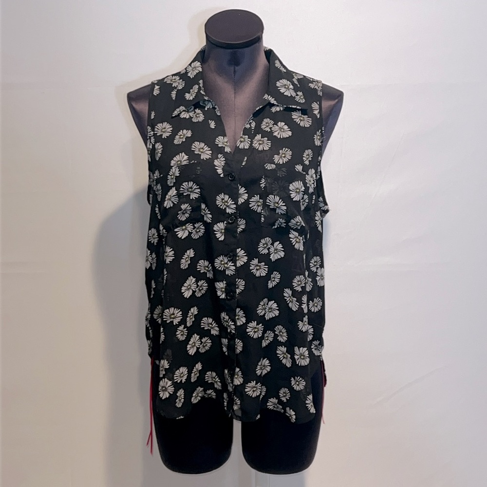 Wet Seal Black Sheer Daisy Sleeveless collared button down Blouse!